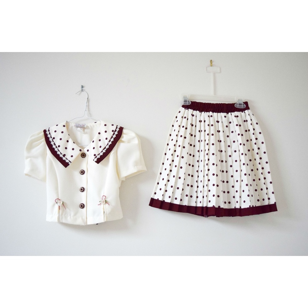 Girl's Vintage Style Maroon Polka Dot Top & Skirt Set